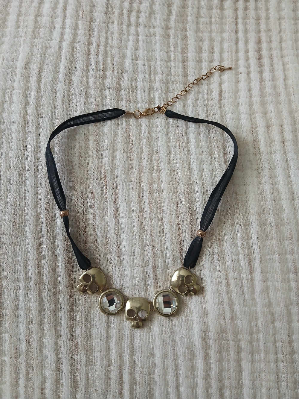 (2/20$)Gold Skull Accent Necklace with Black Ribbon